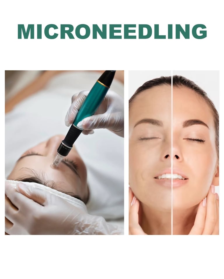 Microneedling treatment comparison showing handheld device application on skin and before-after facial results