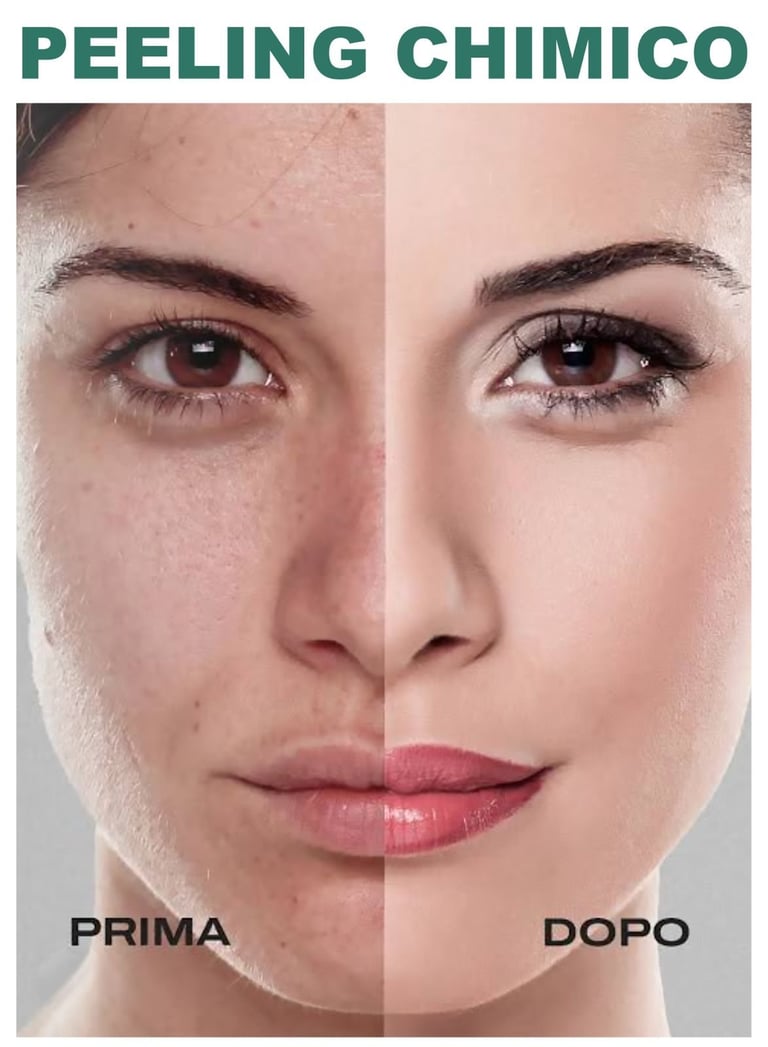 Before and after comparison of chemical peel results on female face, labeled Prima and Dopo
