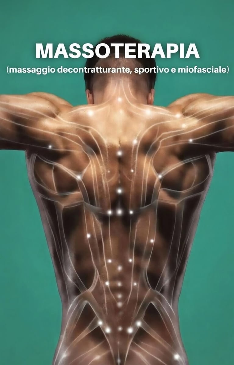 Anatomical illustration of human back muscles with illuminated pressure points for massotherapy treatment on teal background