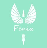 White phoenix logo with symmetrical wings and tail feathers on mint green background with Fenix text