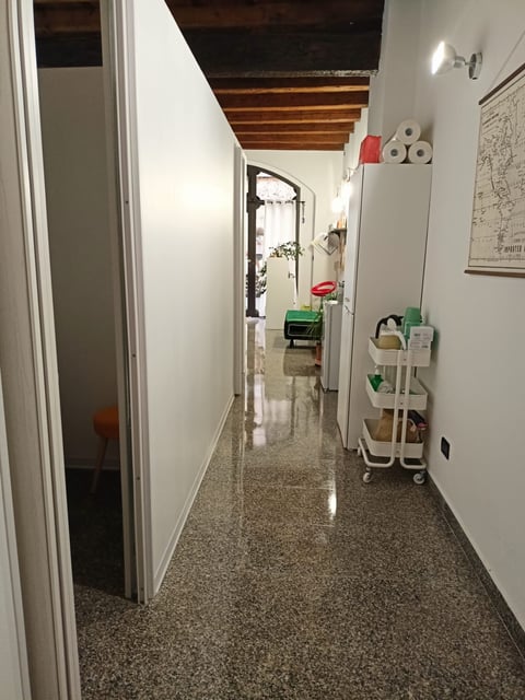 Narrow hallway with white walls, exposed wooden beams, concrete floor, and storage shelves on the right side