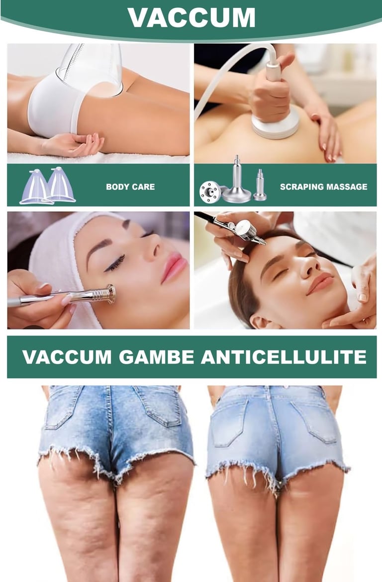 Vacuum therapy treatment infographic showing body contouring, scraping massage, and before-and-after cellulite reduction results on legs