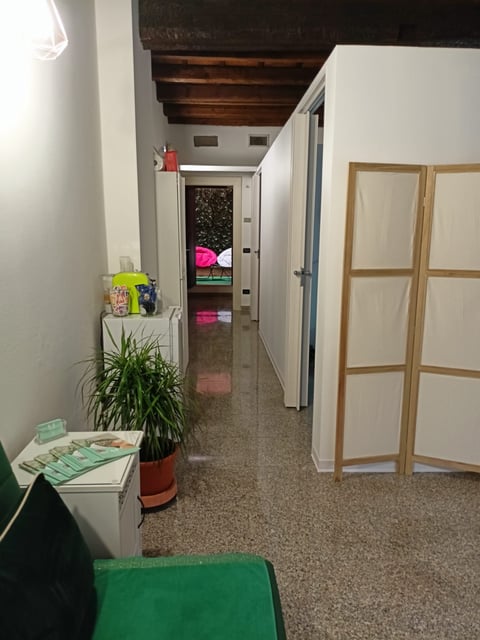 Narrow hallway with white walls, exposed wooden beams, potted plant, wooden door frames, and storage items along the corridor